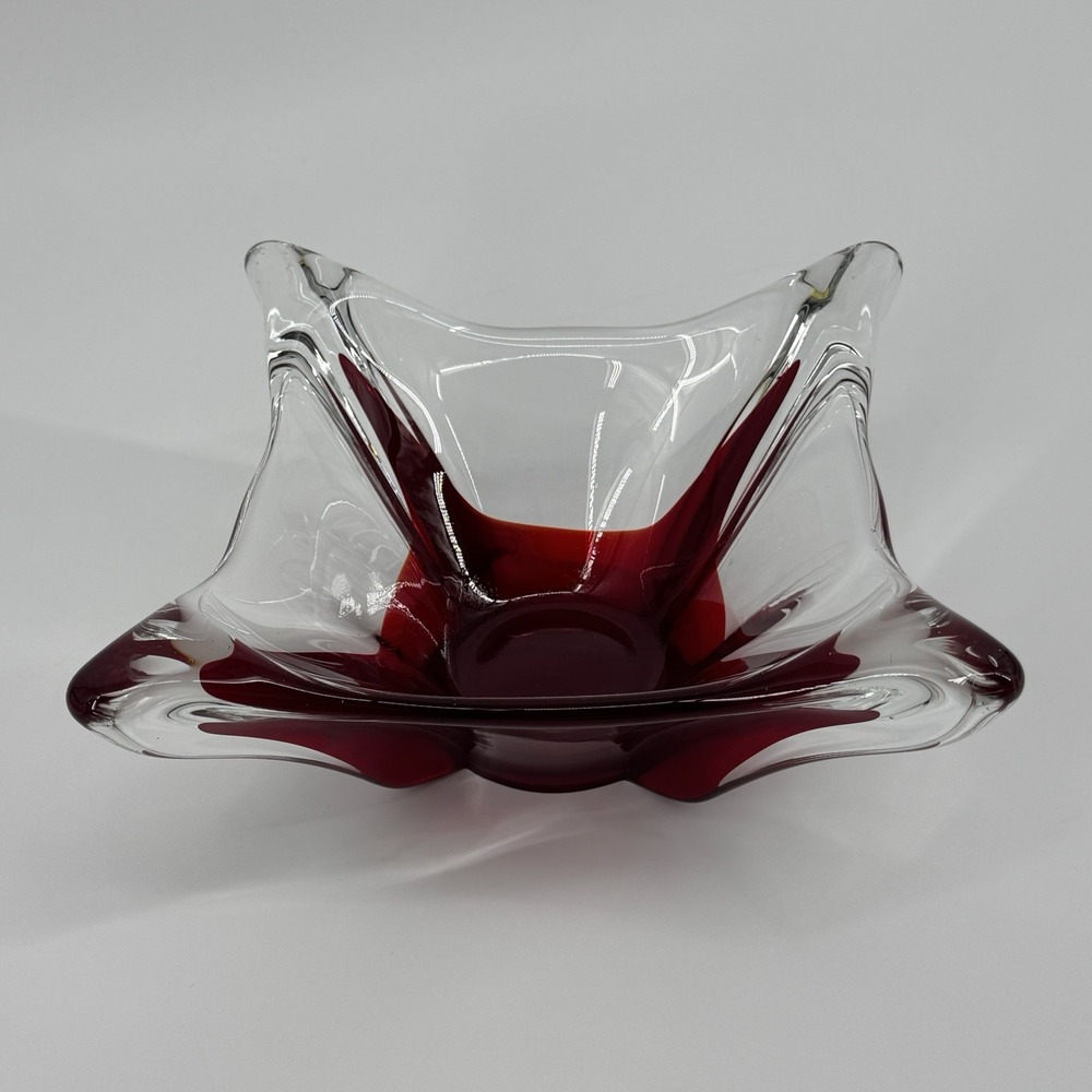 Vintage Sommerso Cranberry Ruby Art Glass Freeform Bowl Murano Style 10.5" Retro